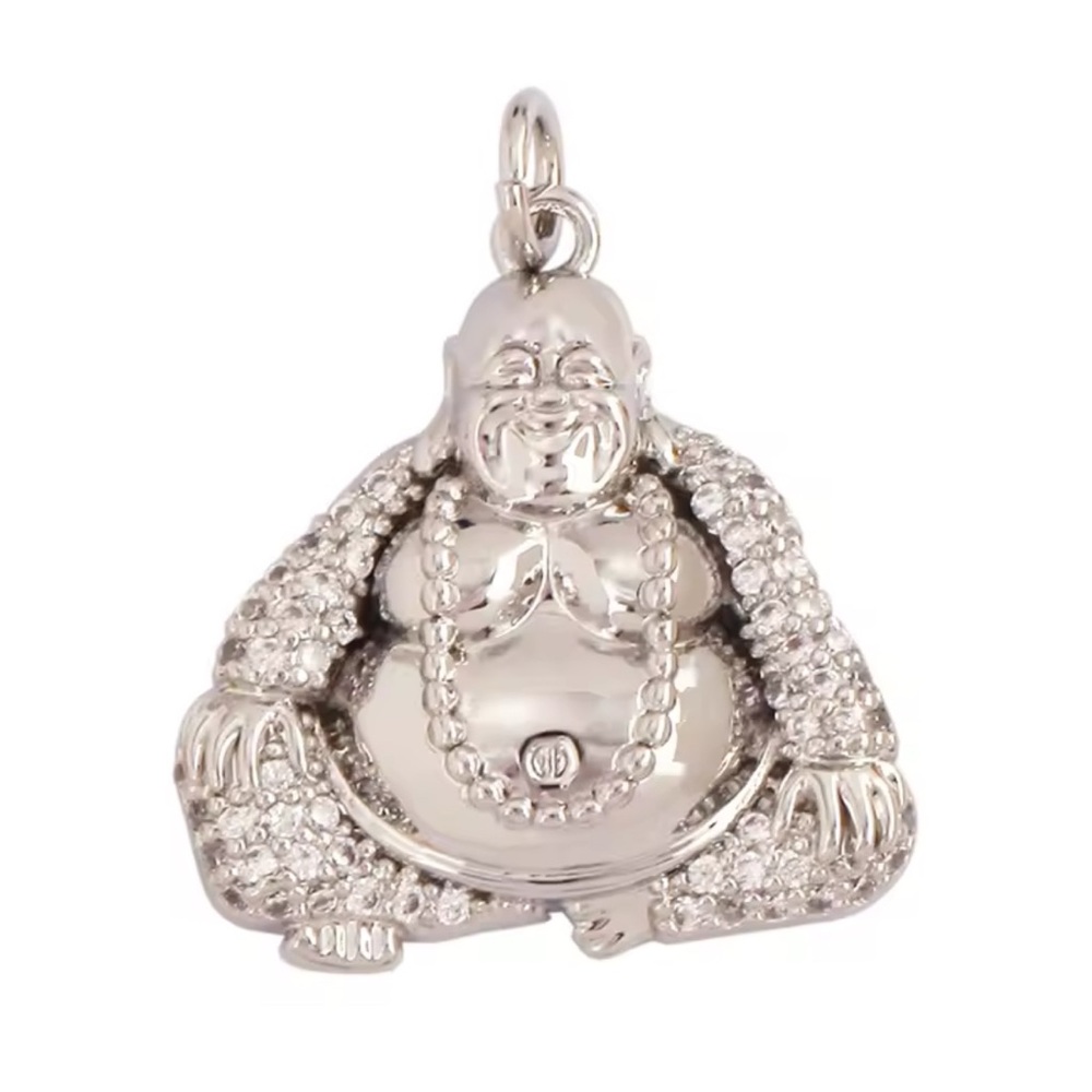Silver Tone Buddha Religious Charm Pendant Micro Pave Clear Cubic Zirconia Small